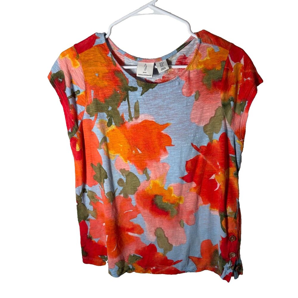 Joie Blouse Women's Medium Floral Short Sleeve Linen Blend Artsy Shirt Top